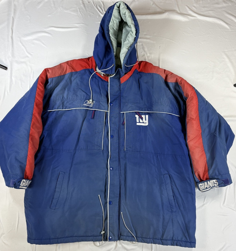 Reebok NFL New York Giants 3XL Puffer Jacket Hooded Blue Red Vintage 90's